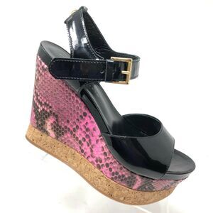 Tapeet Vicini Platform Wedge Womens 8 Black Patent Pink Snake Cork Sandal